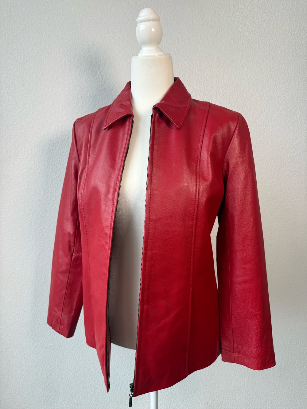 Y2K Dialogue Cherry Red Genuine Leather Jacket Coat Zip Up